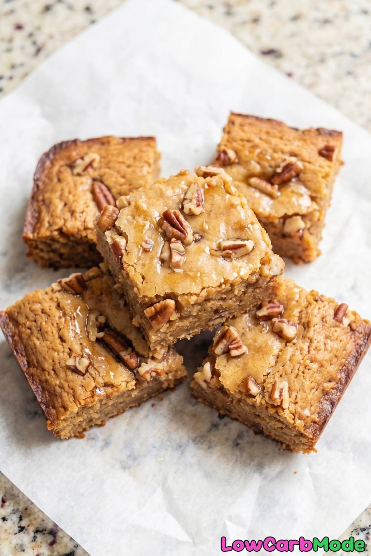 Buttery low carb maple pecan blondies