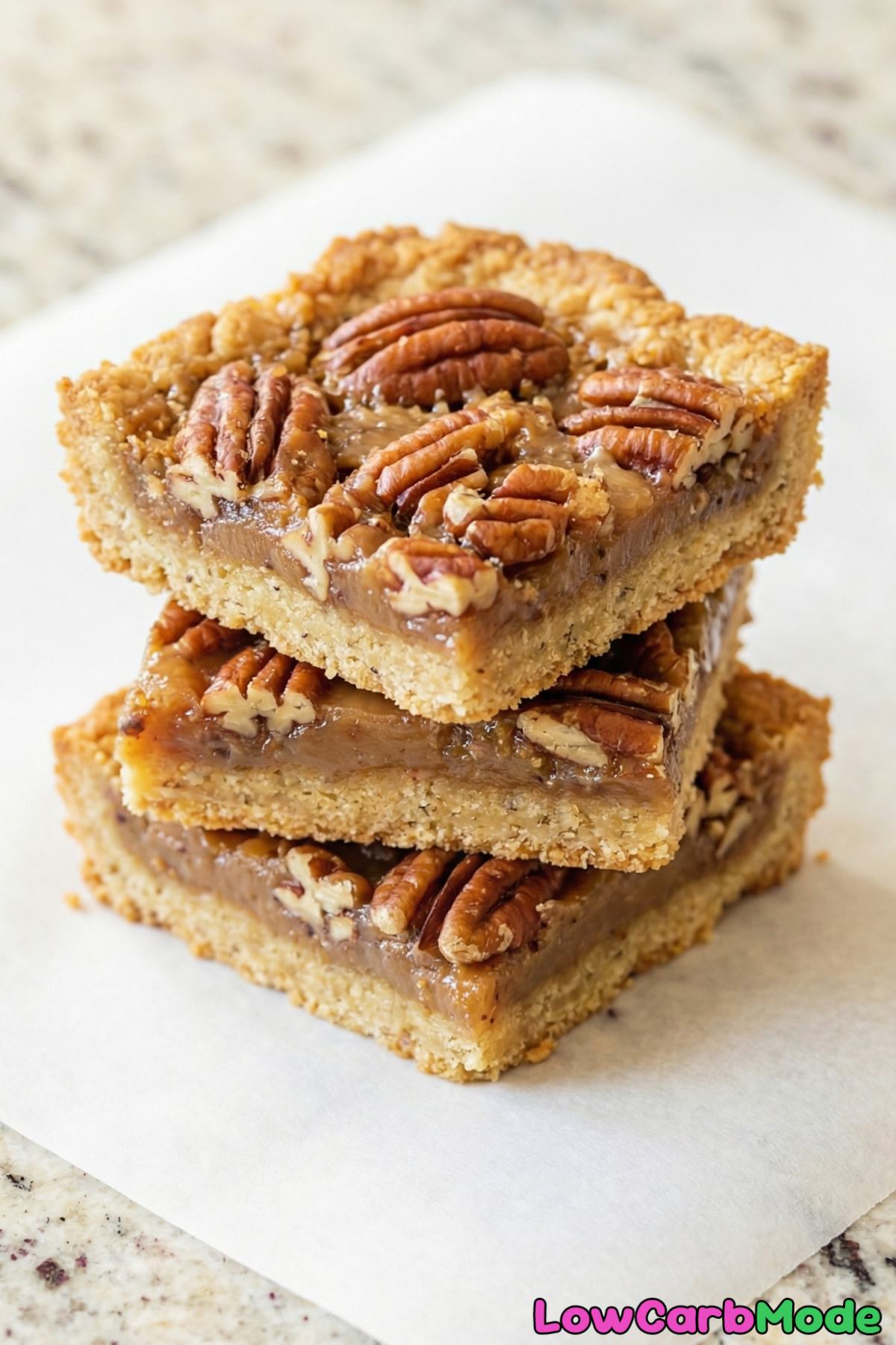 Golden low carb pecan pie bars closeup