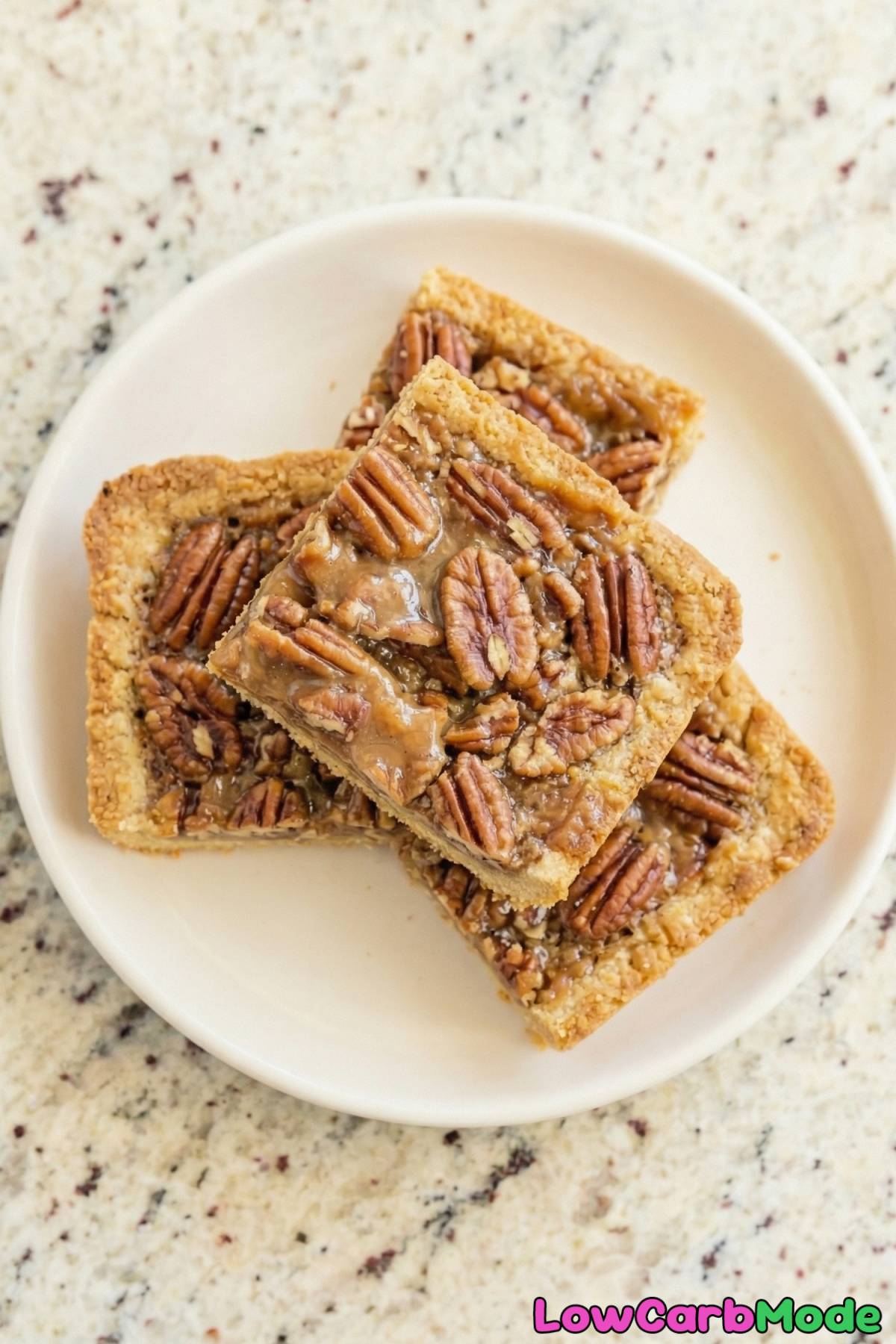 Buttery low carb pecan pie bars stacked