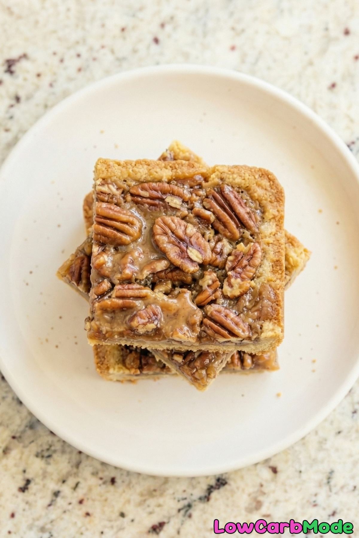 Decadent low carb pecan pie bars plated