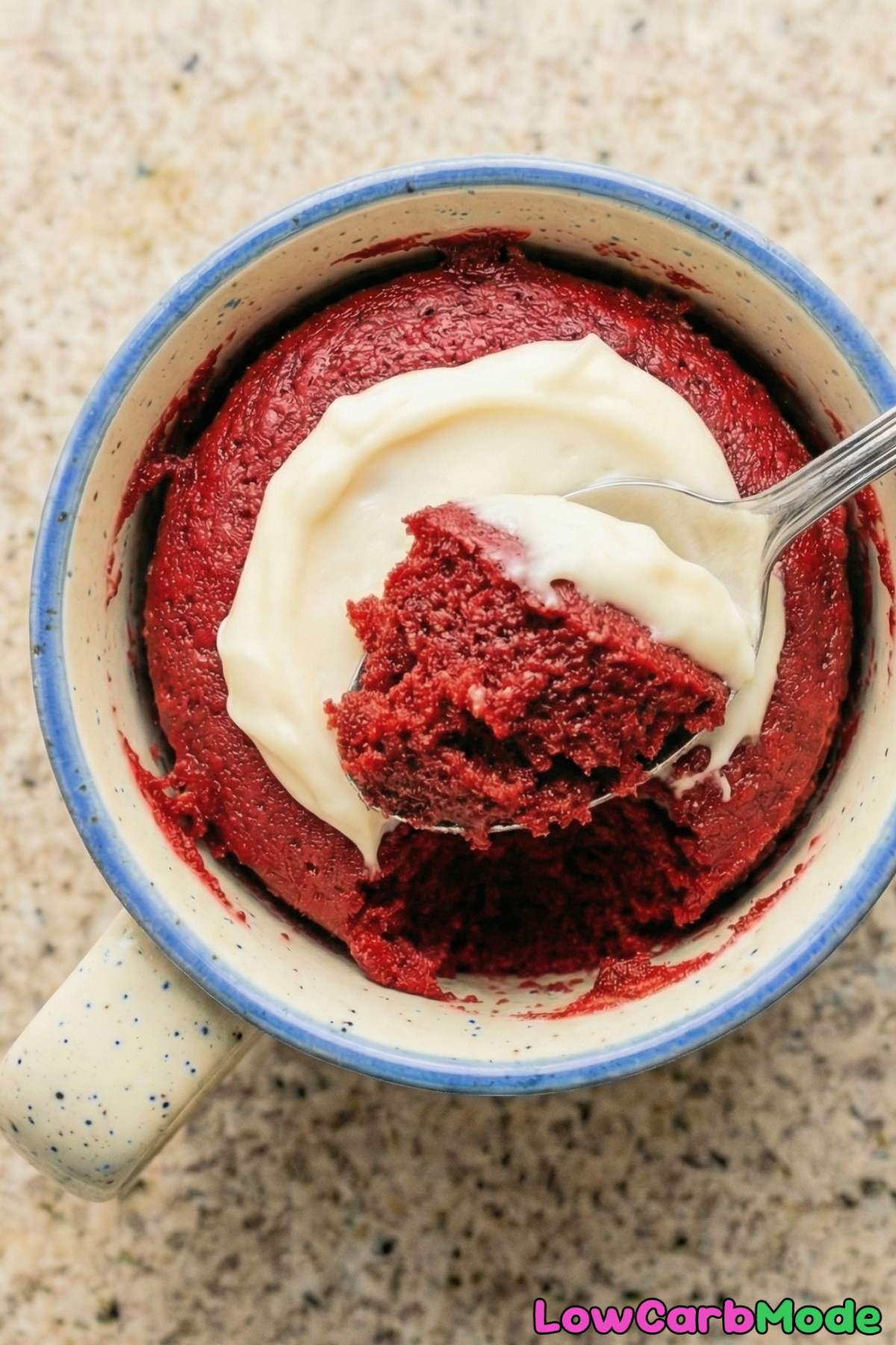 Velvety low carb red velvet mug cake