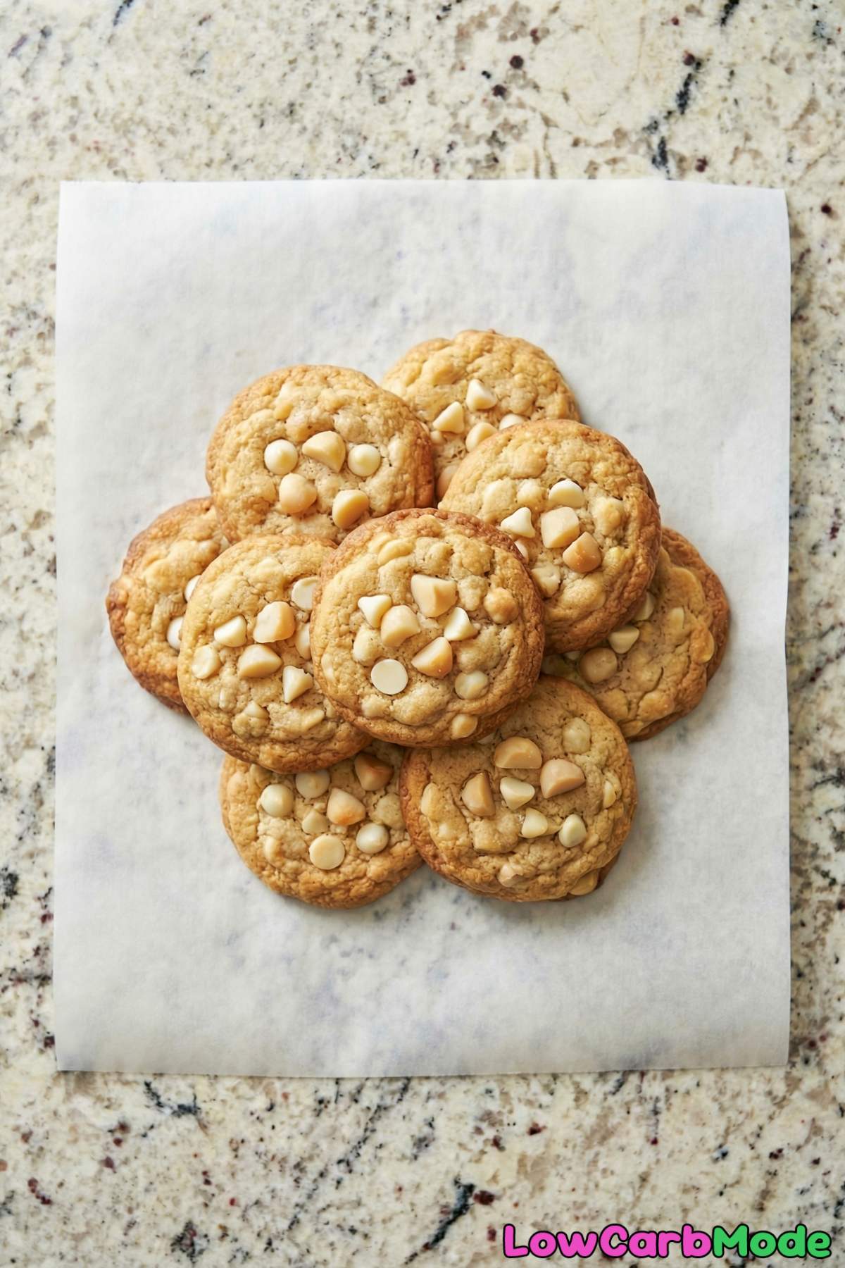 Soft low carb white chocolate macadamia cookies