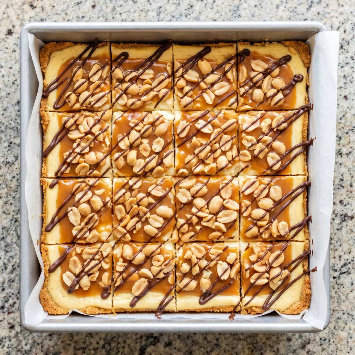 Keto Caramel Peanut Cheesecake Bars