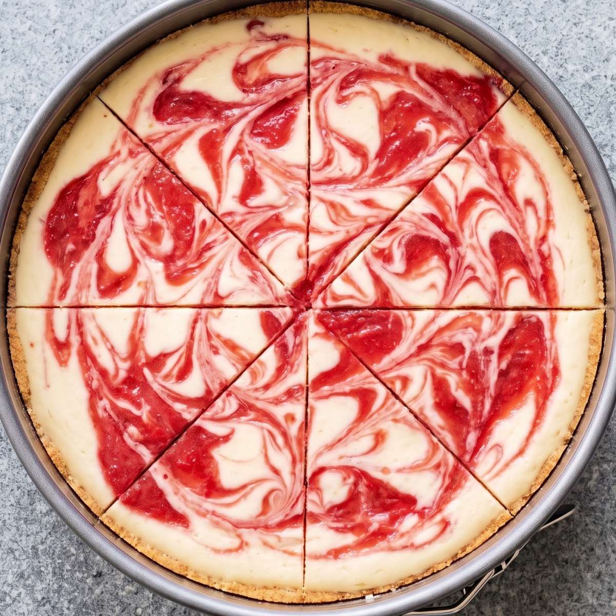 Keto Cottage Cheese Strawberry Swirl Cheesecake